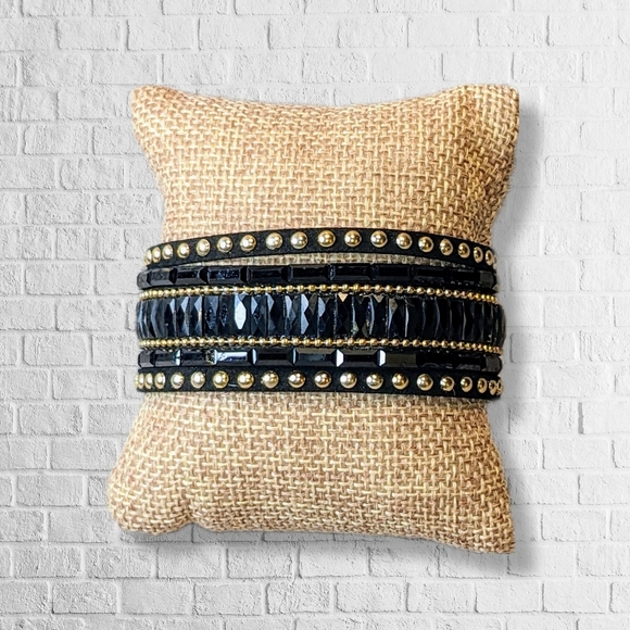 A3 Black Gold Rhinestone Crystal Wrap Cuff Bracelet Sz M-L Adjustable NEW A3 - Picture 3 of 11